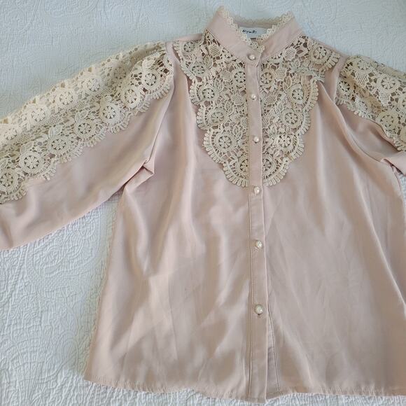 Cottage Core Regency Bridgerton Lace Blouse Pastel Pink By Kyuri LG - Picture 11 of 12